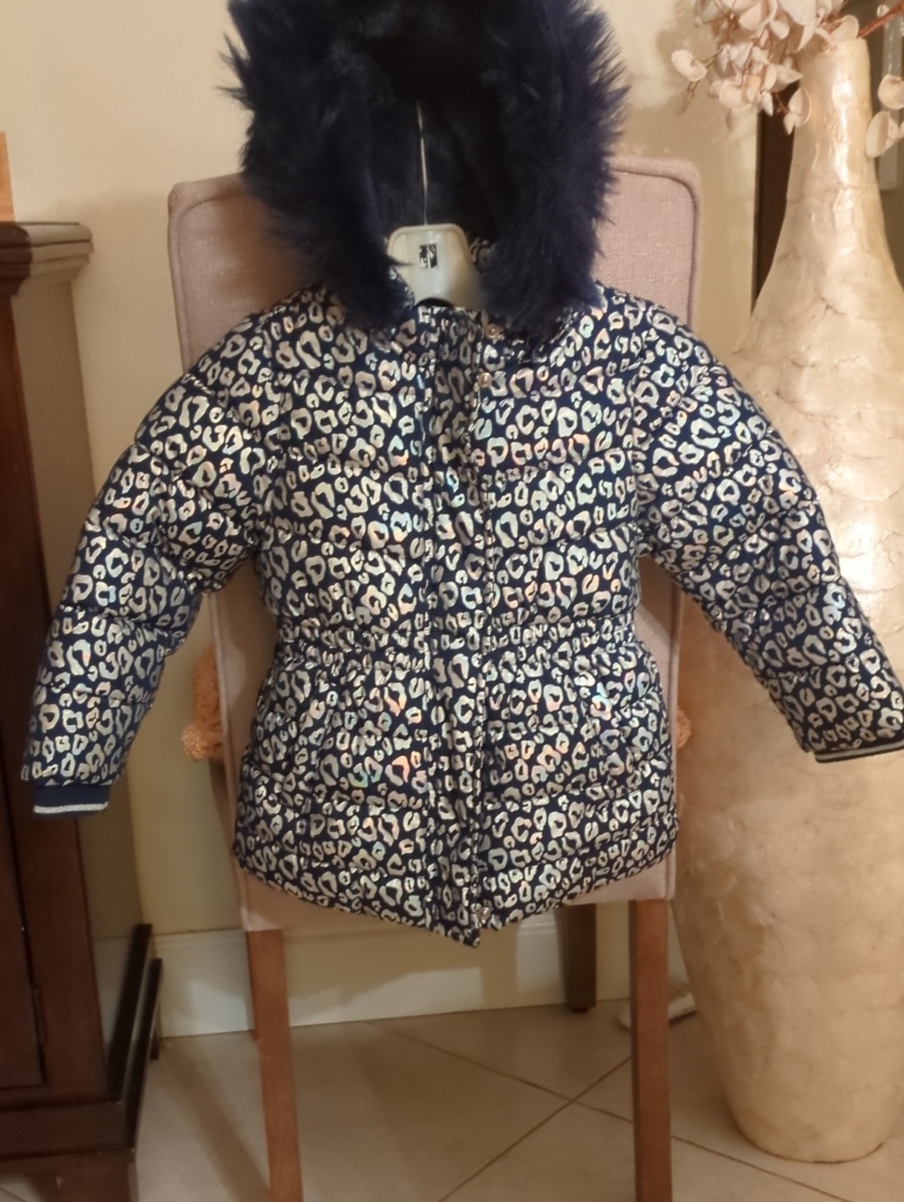Girls' Navy Leopard Print Puffer Jacket with Faux Fur Hood